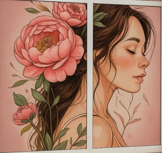 Илюстрация на момиче с божури — витрината на Peony Beauty Room